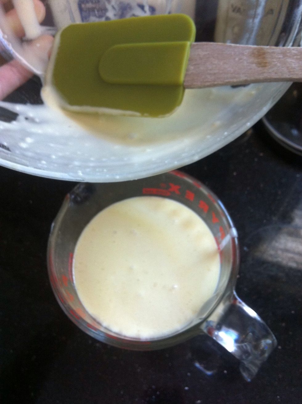 Use your spatula to pour your batter into your measuring cup. I find this the easiest way to pour out equal amounts with little cleanup.