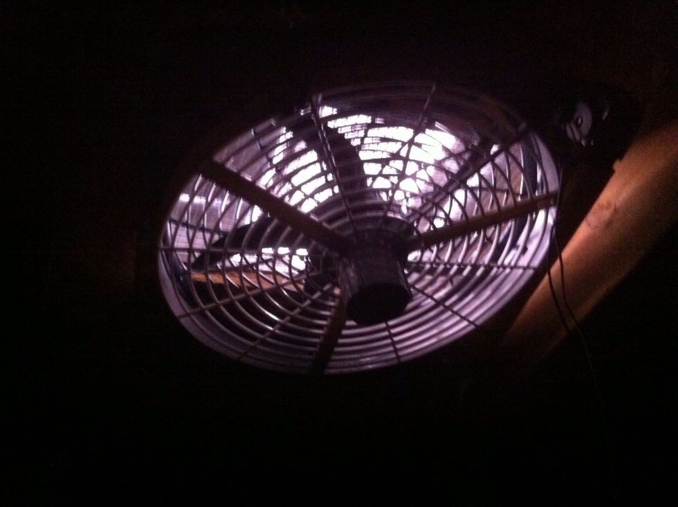 Used wood screws to mount fan using the corner holes previously drilled and attached wiring. Again, Positive (+) to positive, negative (\u2013) to negative.