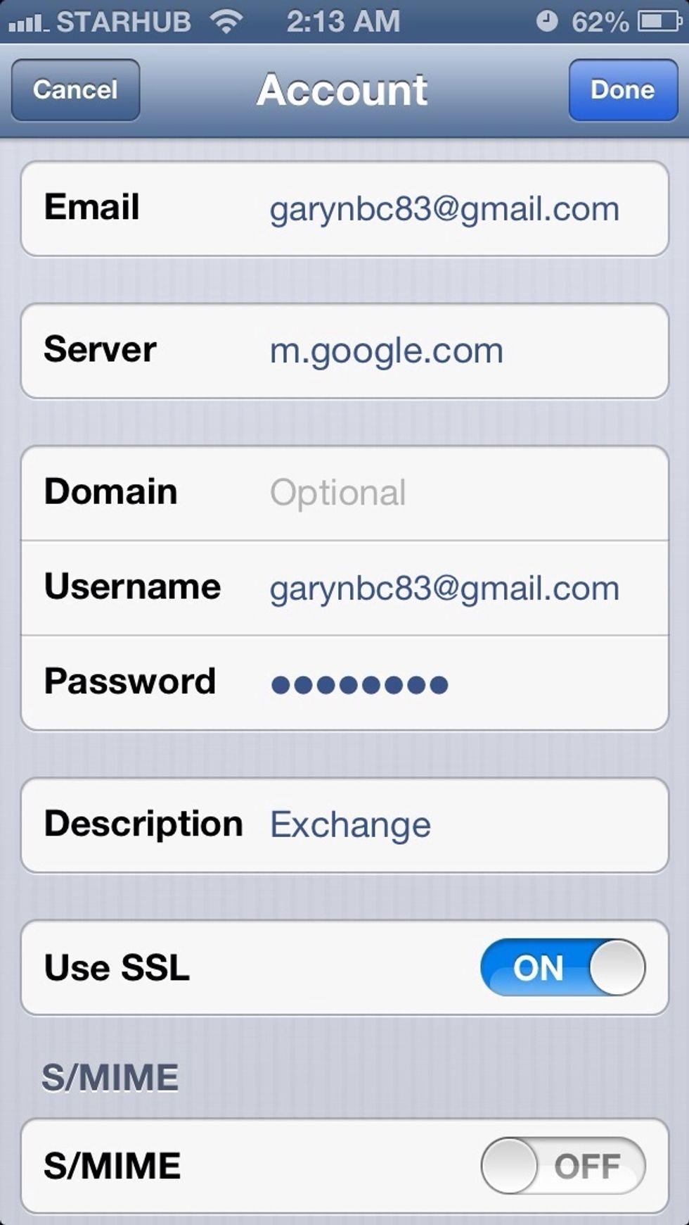Username is your email account, server is m.google.com