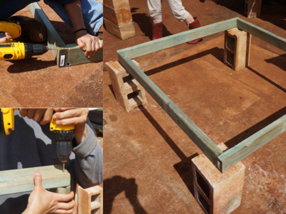 Using 2x4 lumber construct a 4x4 foot frame. elevate frame using hollow tile to the desired height.