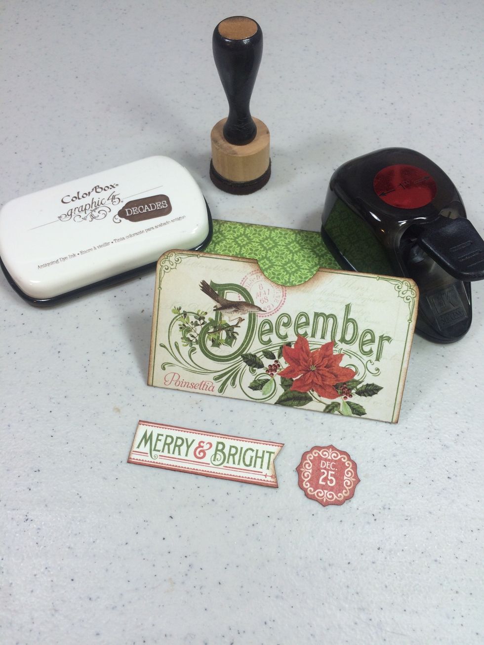 Using a 1" circle punch, cut a notch at the center point as shown. Trim the additional two images, ink all paper edges with brown ink, if desired.