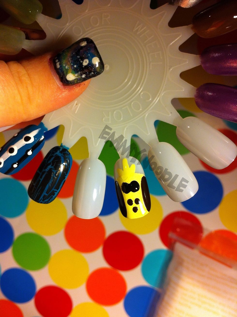 Using a bigger dotting tool, make two big black dots for his eyes.