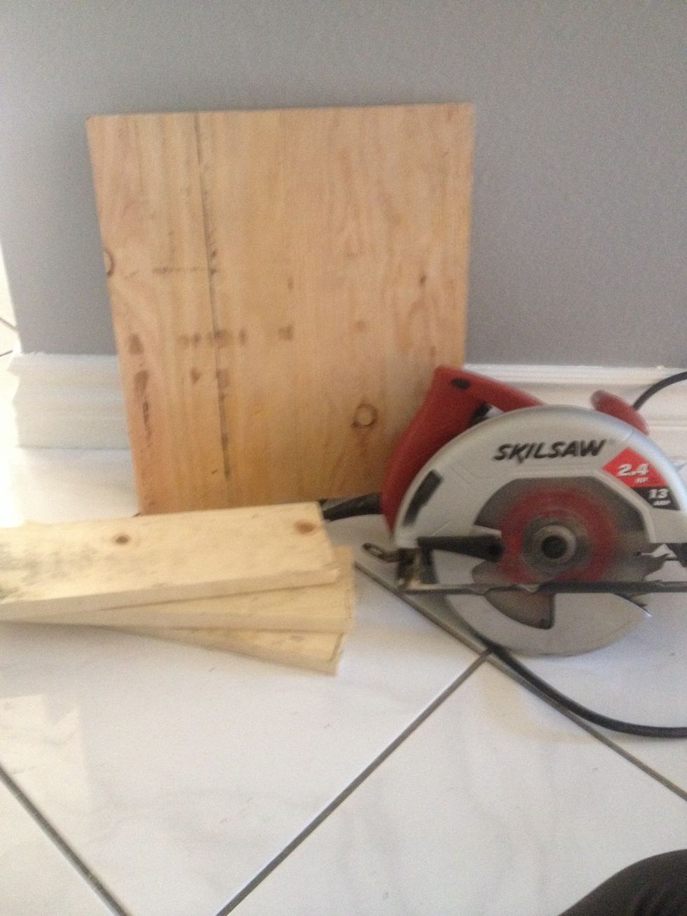 Using a circular saw, cut your plywood into three equal parts, and your long slats into 8 equal parts.