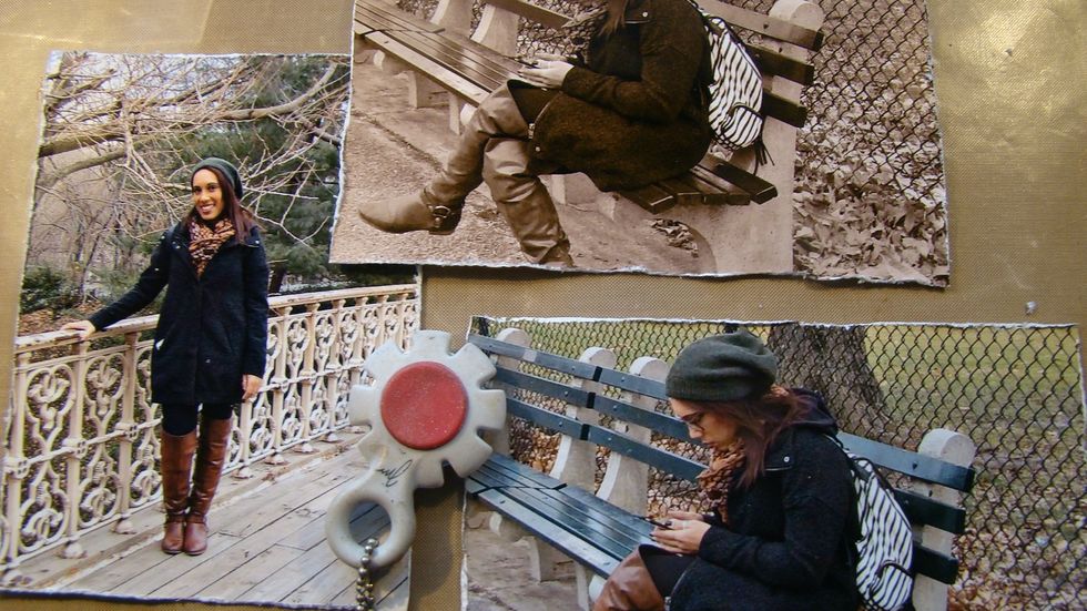 Using a distress tool or your scissors, distress the edges of your photos as well as all the edges of your background paper.