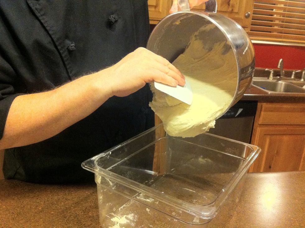 Using a dough scraper, scrape the dough out of the mixer and into the plastic container.