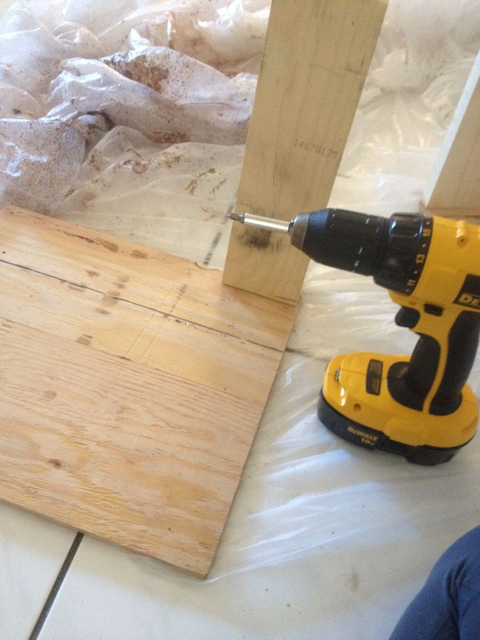 Using a drill, screw 4 legs into the corners of one of your plywood squares.