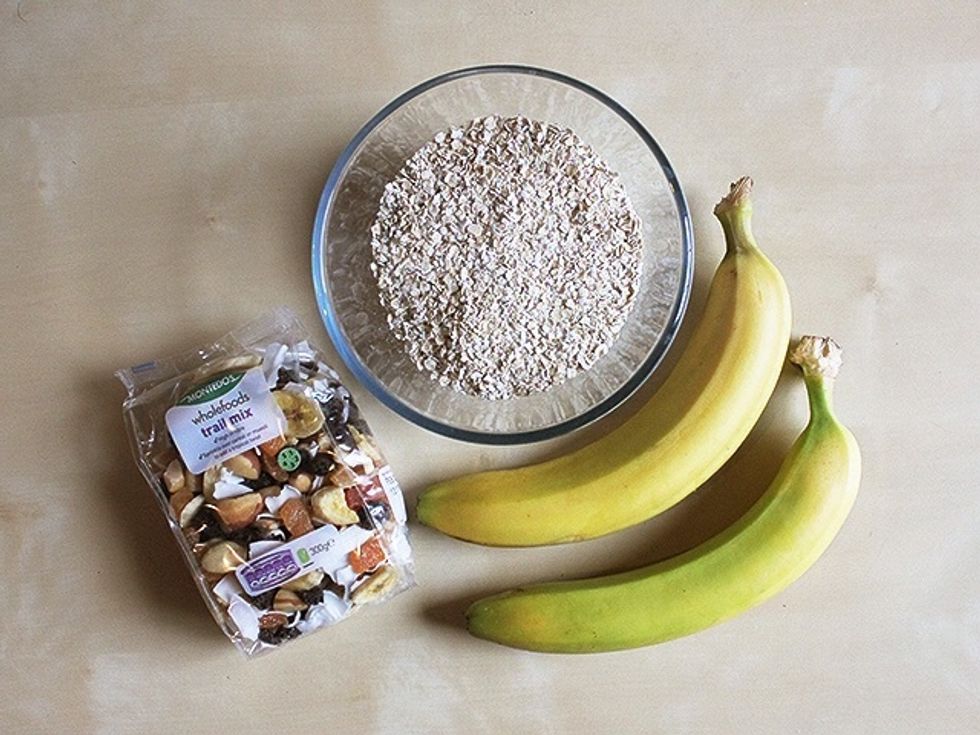 Using a fork, mash your bananas up in a bowl and mix in the oats until they're fully combined.