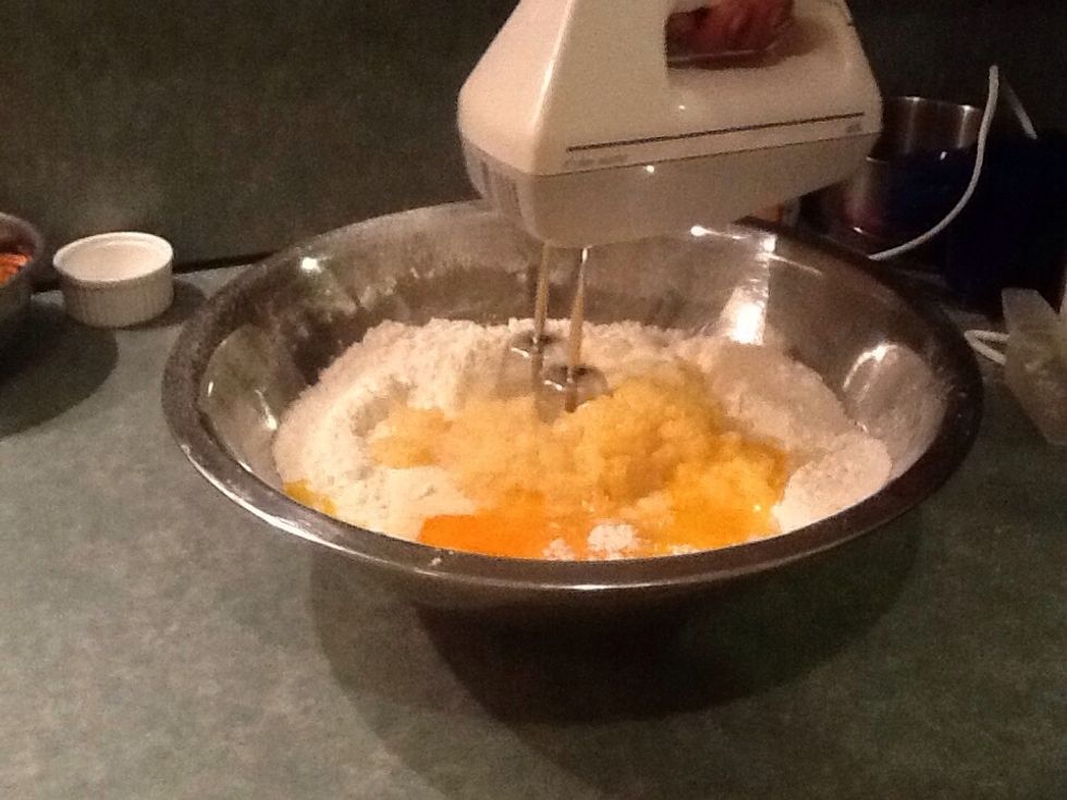 Using a hand blender, mix at low speed (do not lift the hand blender or else it will flick everything out of the bowl)