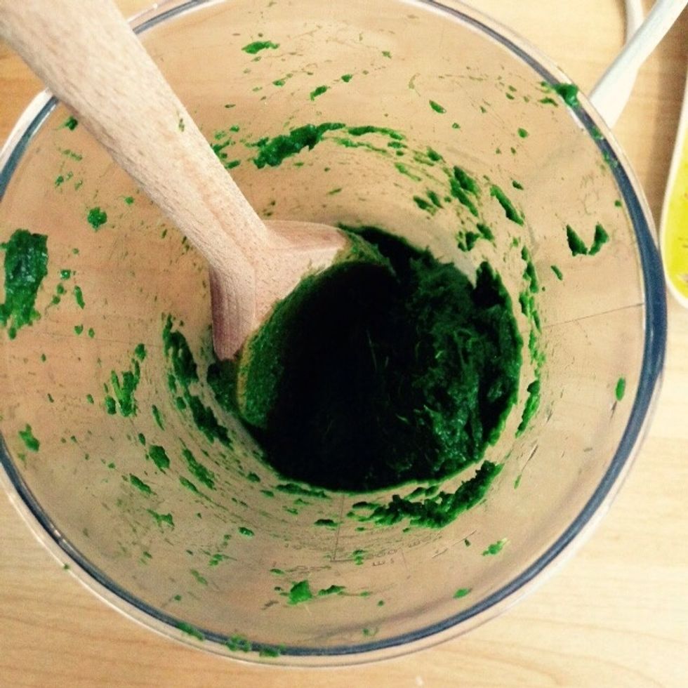 Using a hand blender puree the spinach, if you struggle add back a little bit of water, the least you add the better it would be later.