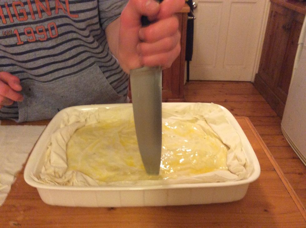 Using a knife, poke air holes through the top of the pastry, not letting it touch the bottom, or you could poke diamonds into the top, if preferred.