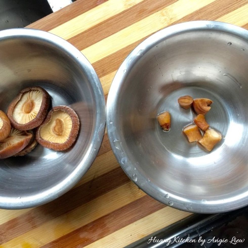 Using a pair of scissors or sharp knife, cut and remove the stems from the softened mushrooms.