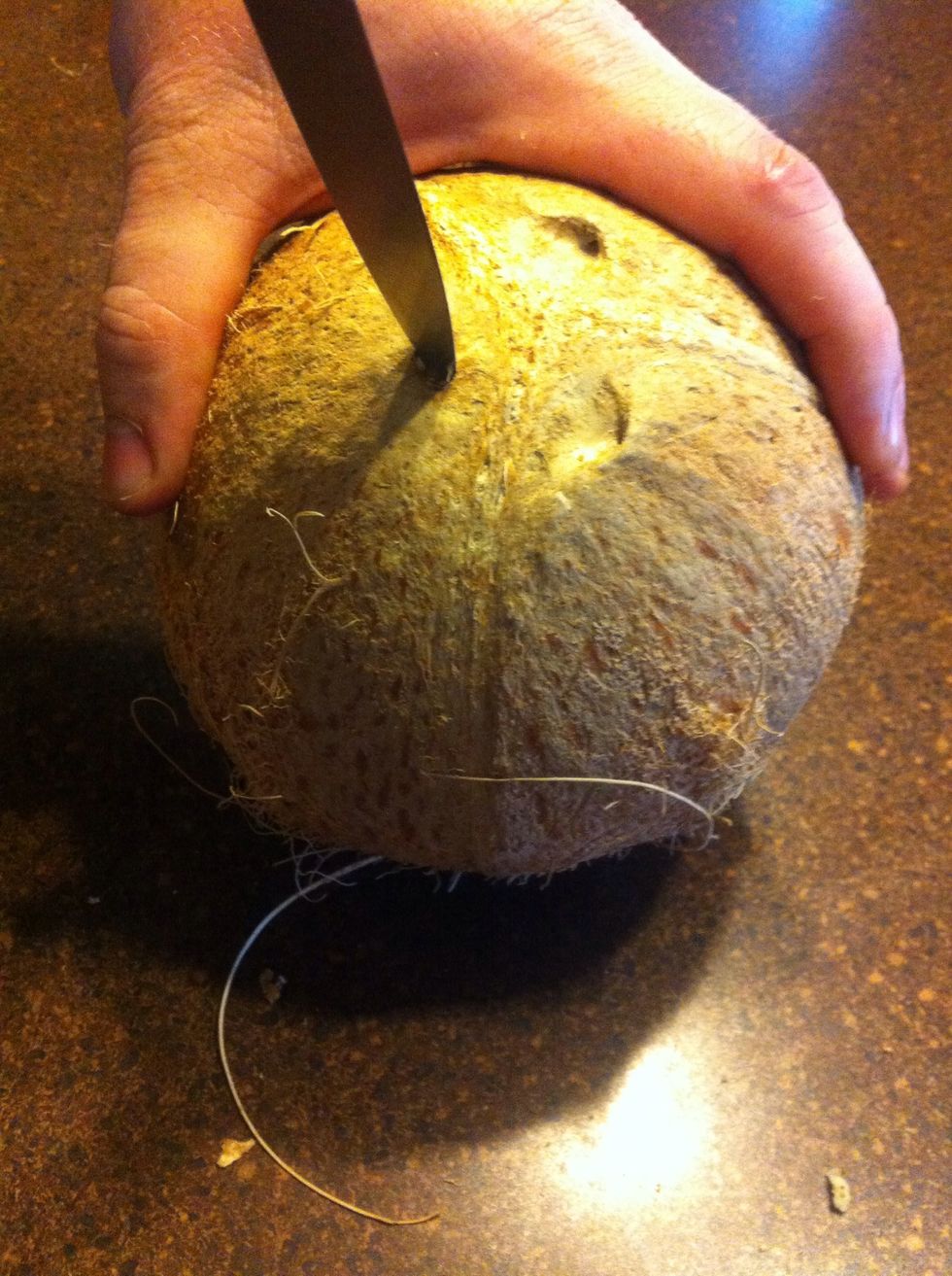 Using a paring knife, gently punch a hole all the way into the coconut.
