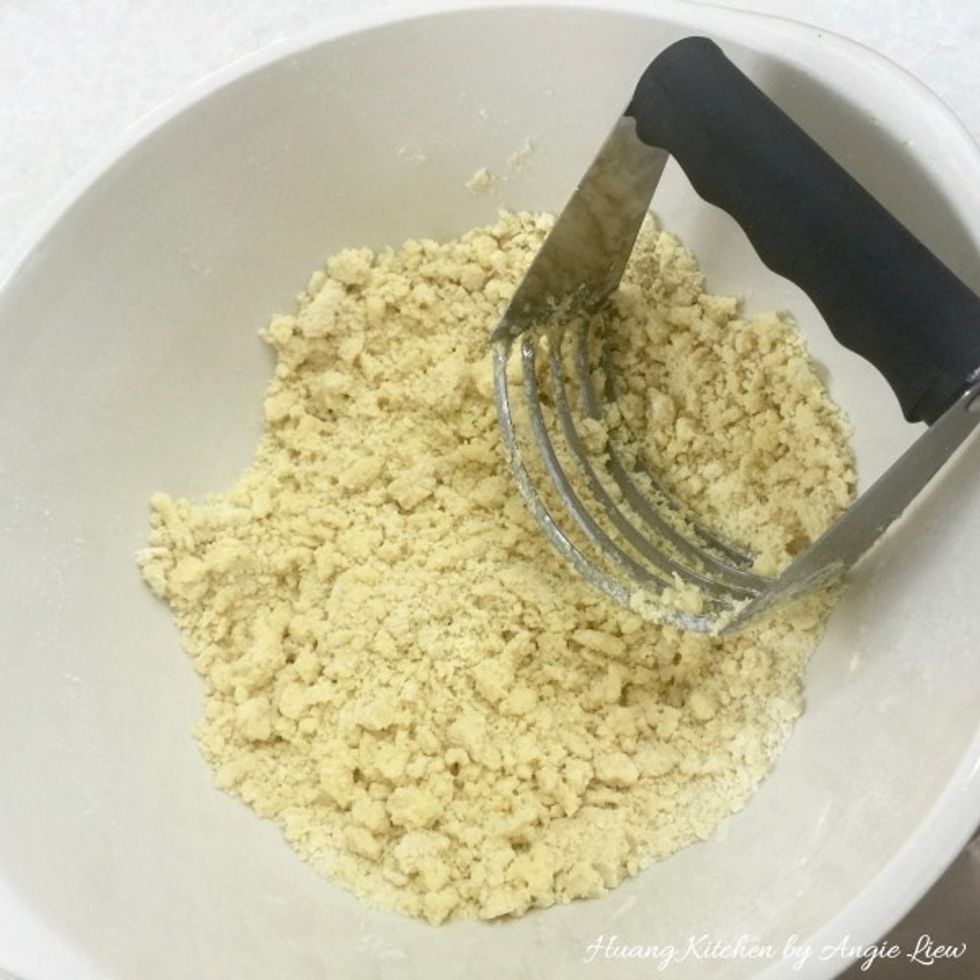 Using a pastry cutter, cut the butter into the flour until the mixture resembles coarse crumbs. The dough can also be made in a food processor.