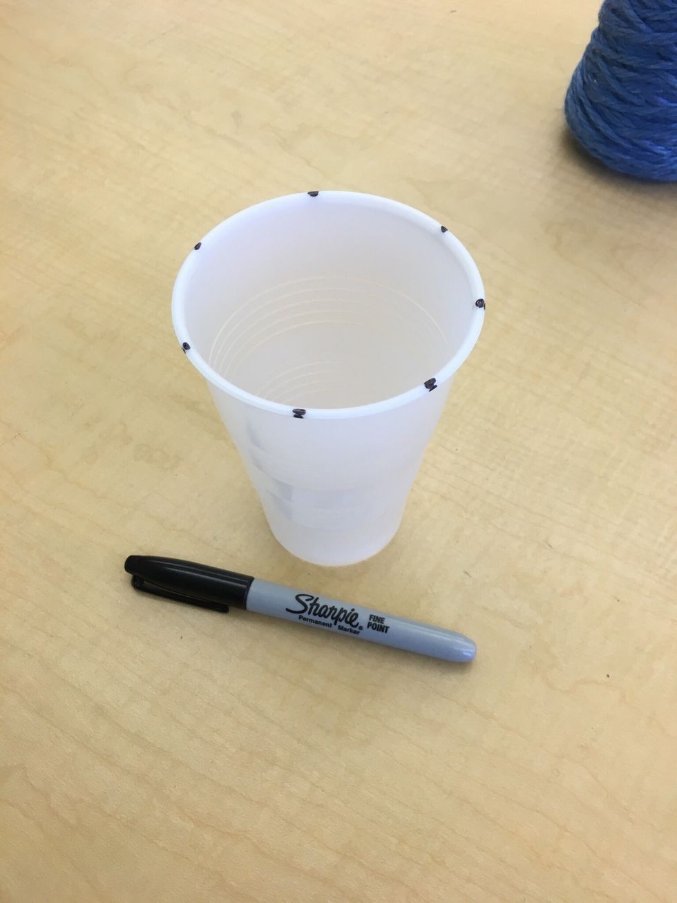 Using a permanent marker, evenly space out 7 dots around the rim of the plastic cup. You can add more for larger cups. There must always be an odd number of dots.
