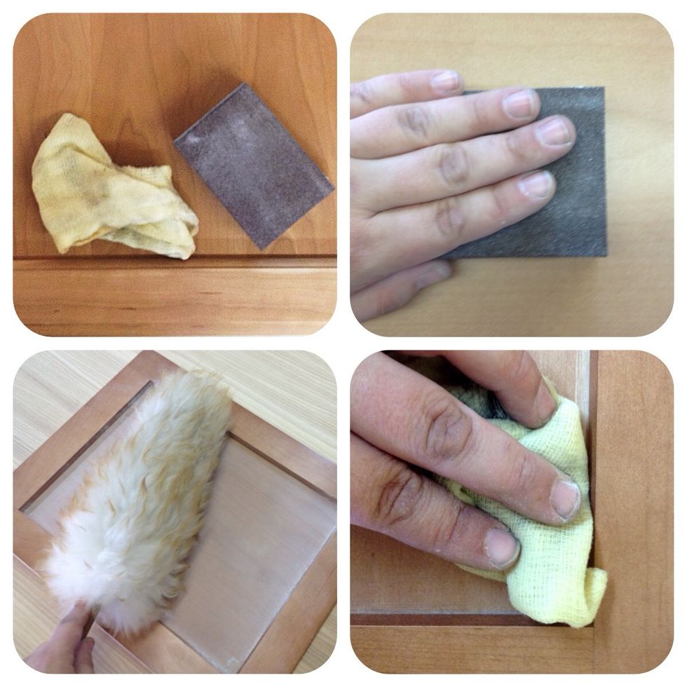 Using a sanding sponge, lightly sand entire surface (no need to strip wood, only to "rough up" the surface a tad. Remove all dust. A tack cloth (bottom right) is extremely helpful.