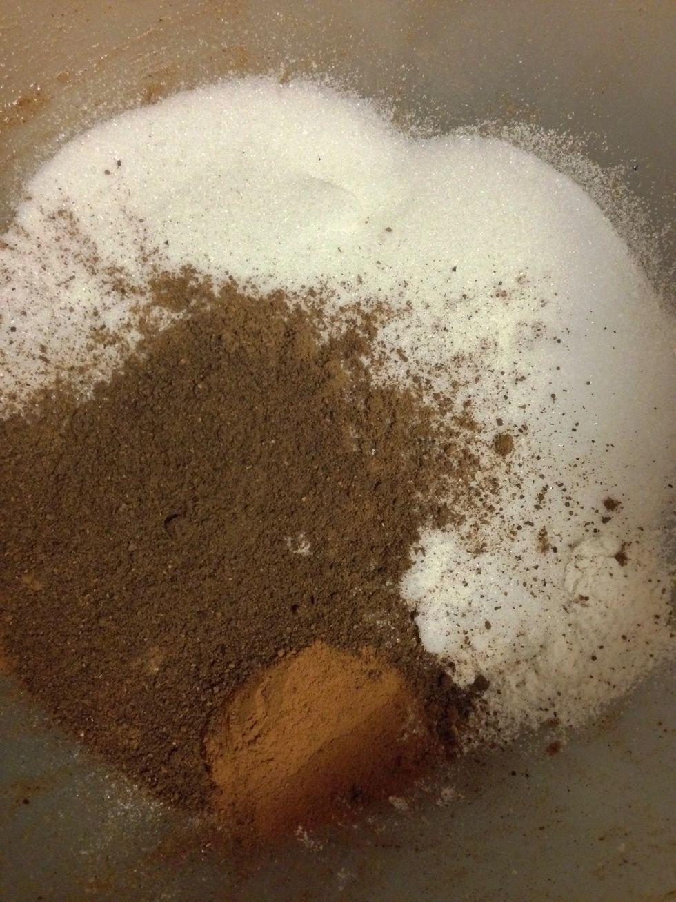 Using a separate medium sized bowl mix flour, sugar, cinnamon, nutmeg, all spice. (See measurements in the ingredients list).