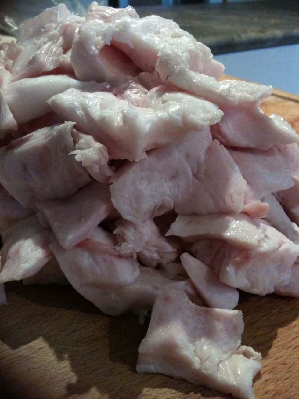 Using a sharp knife, chop into small chunks, removing and discarding any "meaty" bits.