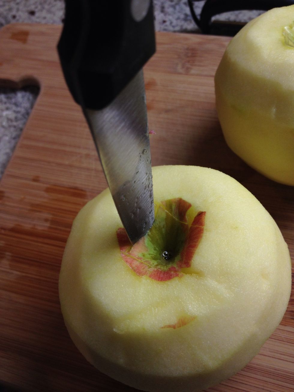 Using a sharp paring knife, slice around the core of your apple making a square or pentagon-like shape.