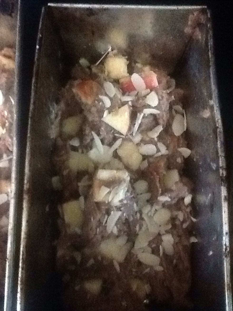 Using a small bowl or dry measuring cup scoop dough into three pans. I find a one cup dry measuring cup makes about two scoops per pan. Sprinkle loaves with remaining almonds.