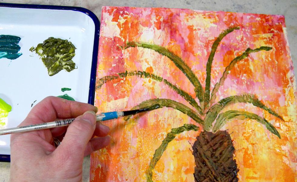 Using a small, round brush, apply Basil for the stems and shadows and Shamrock, Limeade for the leaves and highlights. I created the leaves by twirling the round brush and using long strokes.