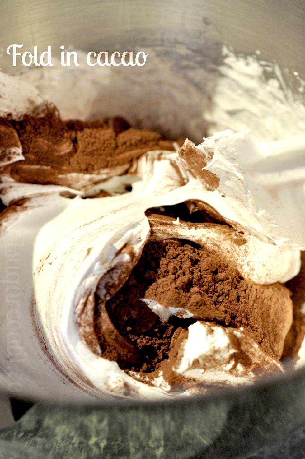 Using a spatula, fold the cocoa into the meringue until fully incorporated.