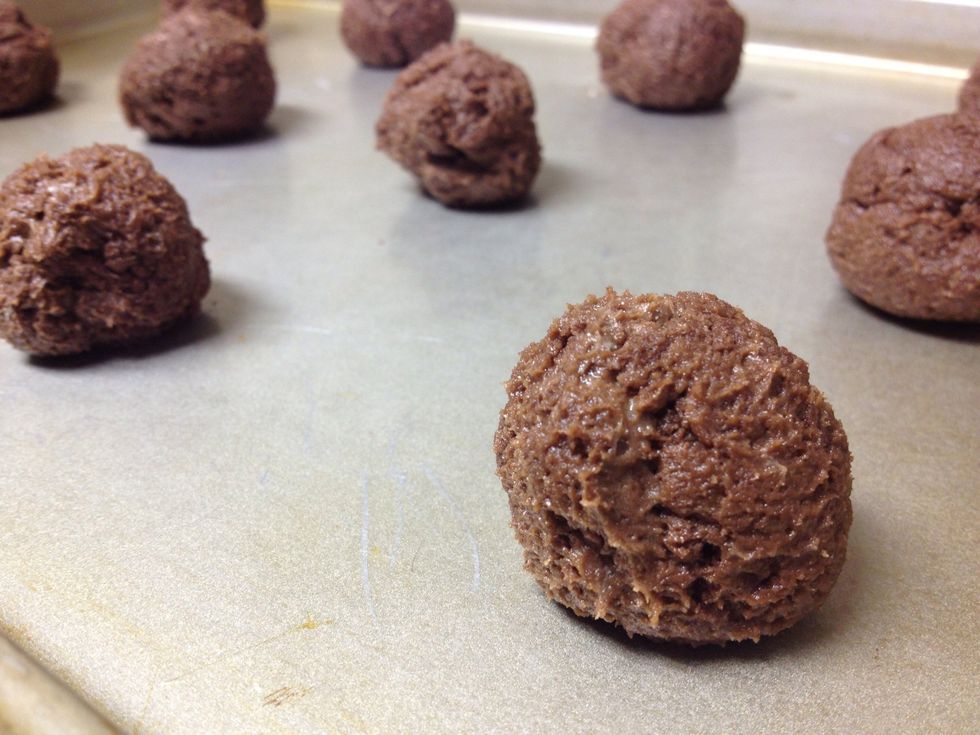 Using a spoon, ice cream scoop or your hands, drop balls of dough onto an ungreased cookie sheet. Bake at 350F for 8-10 mins.