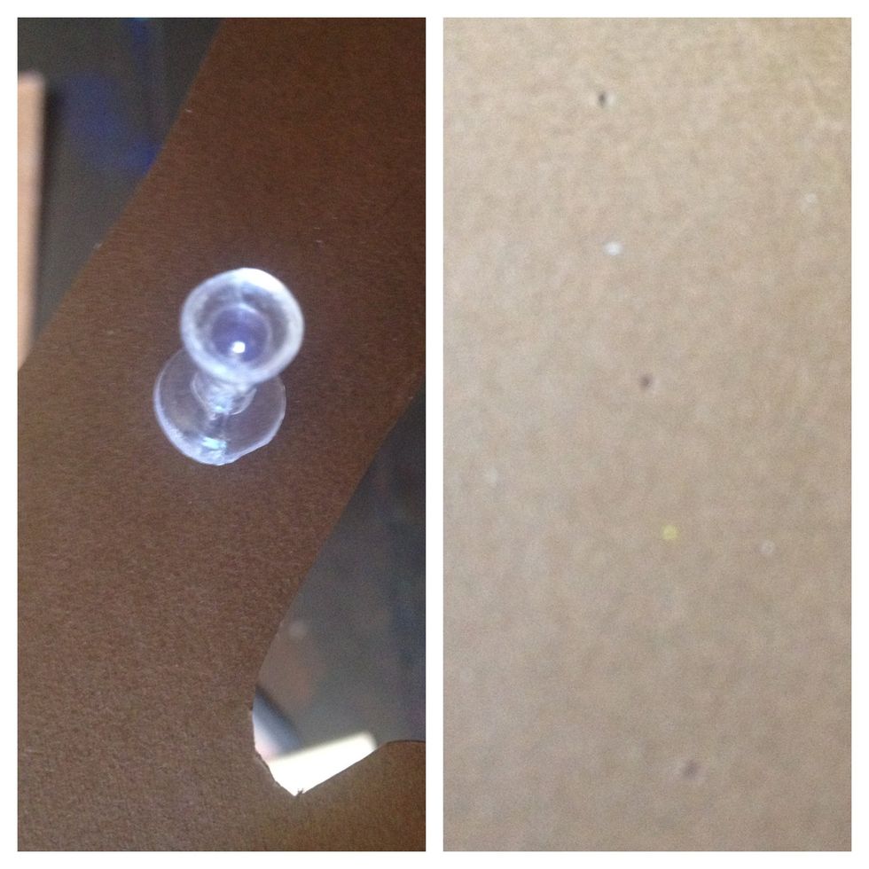 using a tack make small indents where the string lies and go back and make the holes larger by wiggling the tack only big enough for the string to go through.