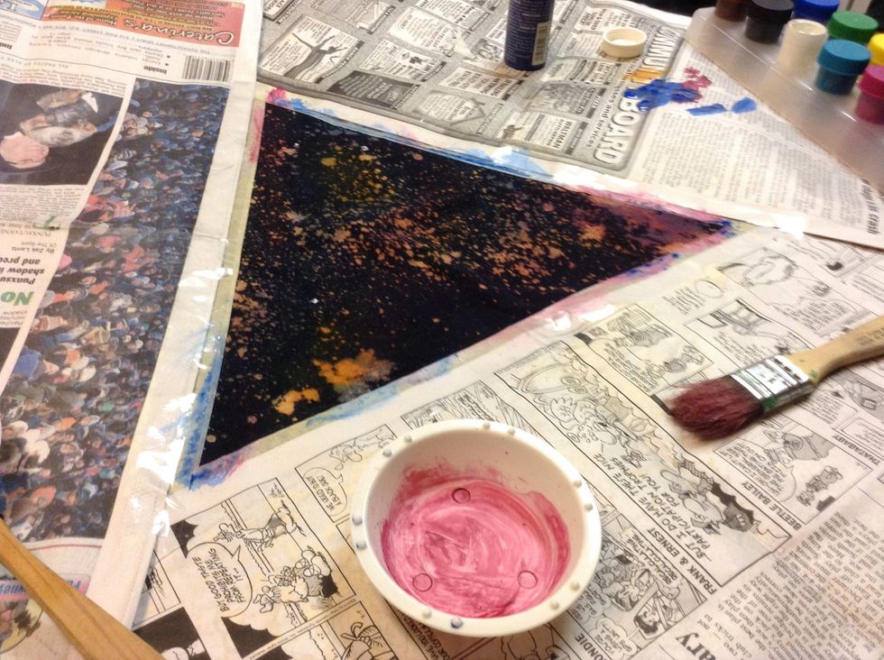 Using acrylics, gently swipe/swoosh/dab it wherever you please. You may want to water it down just a tiny, tiny bit. You can go over a few spots with a watered down white. I didn't, but I should have!