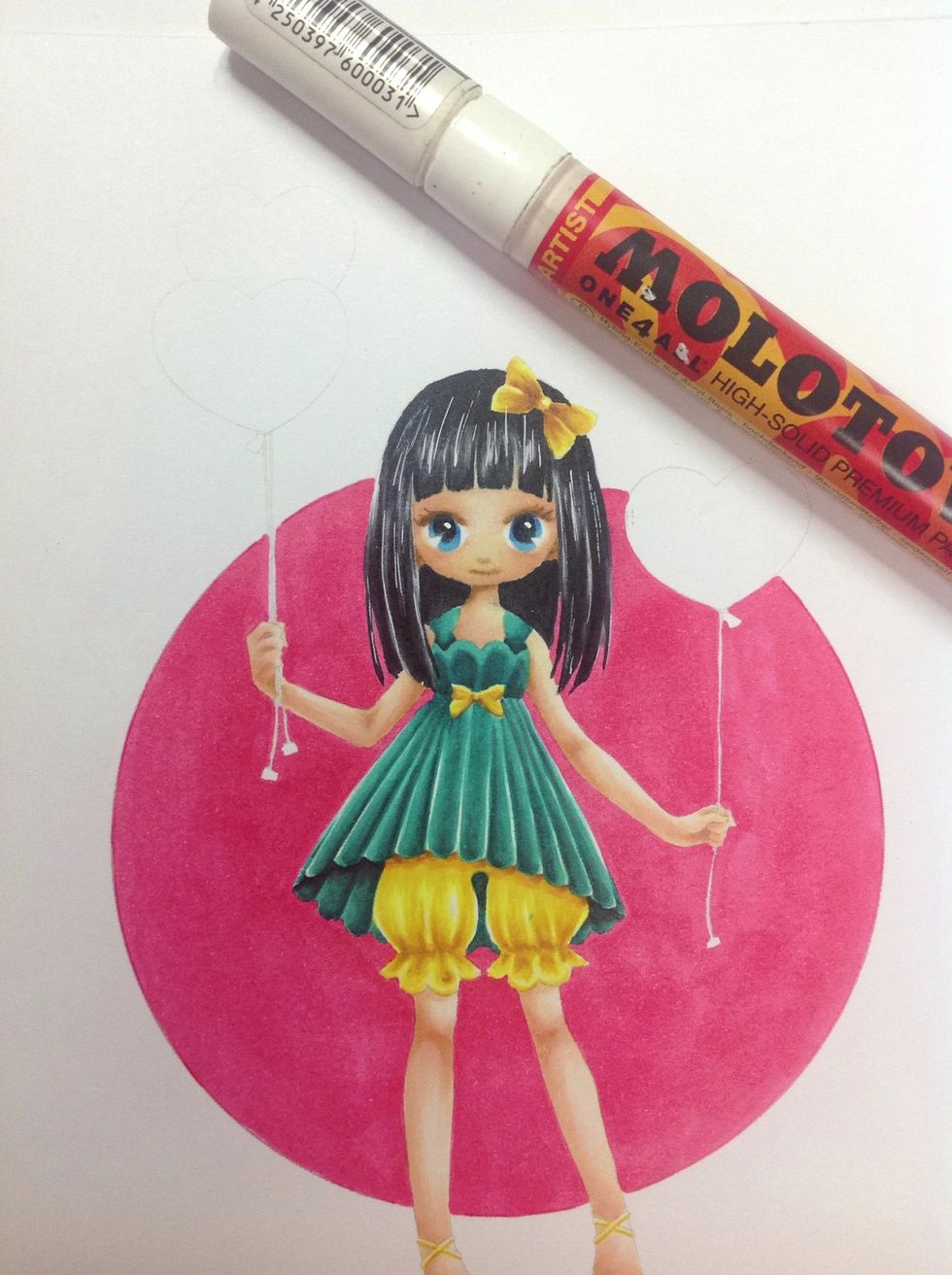 Using an opaque white pen, add highlights to her pupils and hair.