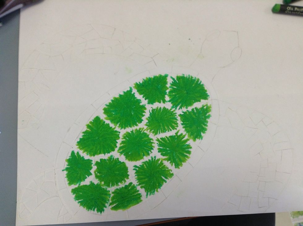 Using both your dark green and light green oil pastels, draw lines from the centre of the shapes on the shell so they look like fireworks.