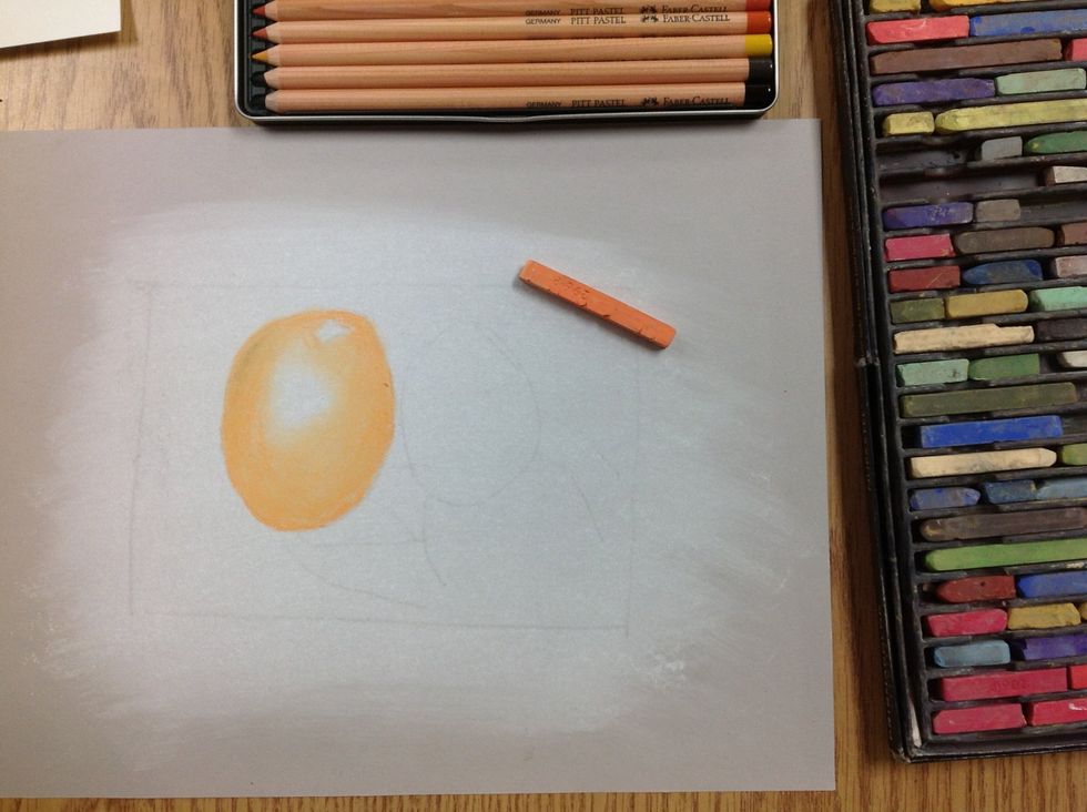 Using chalk pastel sticks, apply local color. Use good technique-even application, crisp edges, even gradations. Keep white from underneath white pastel where the light values are.