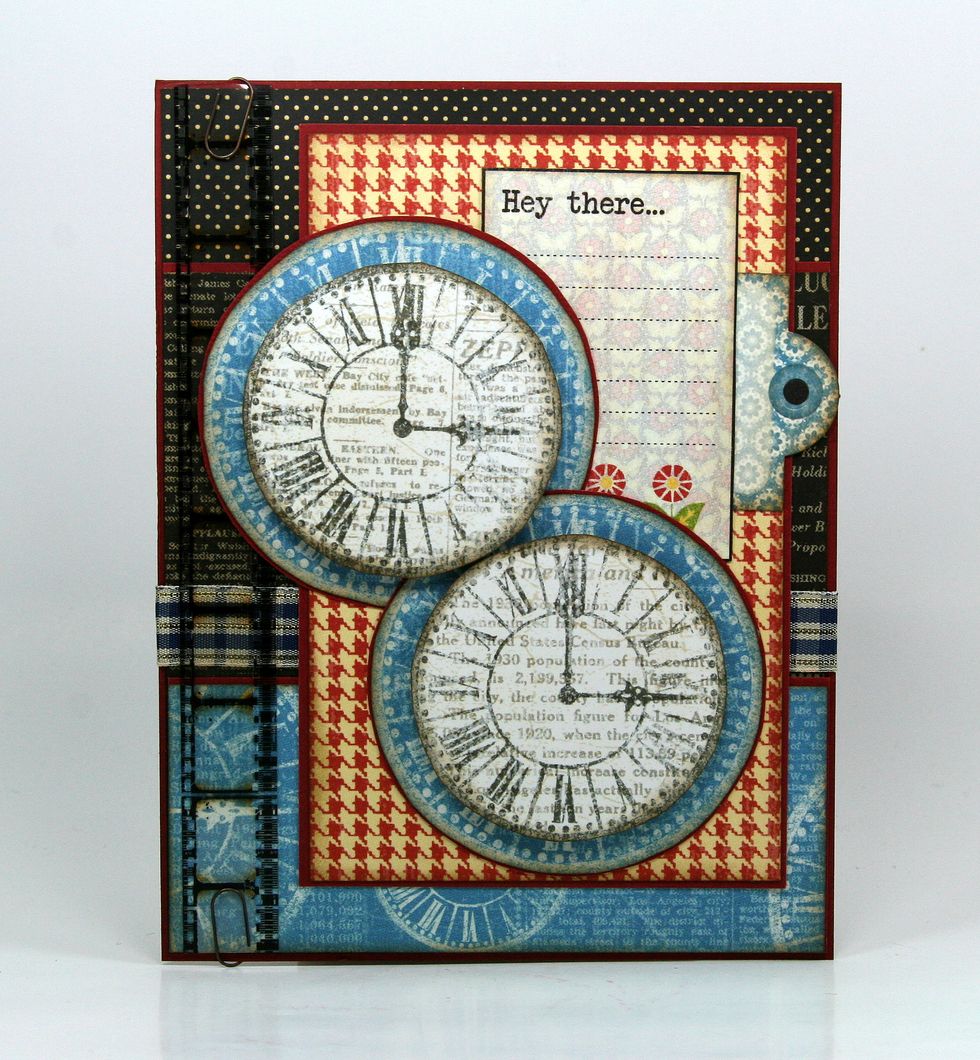 Using foam spacers attach 2 trimmed clocks from Graphic 45 Times Nouveau ~Hip to the Jive.