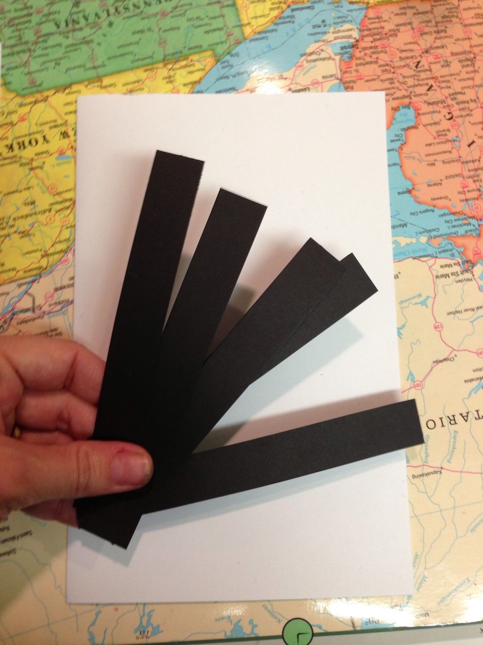 Using half of a black 8.5x11 sheet of card stock paper, cut several equal sized stripes.