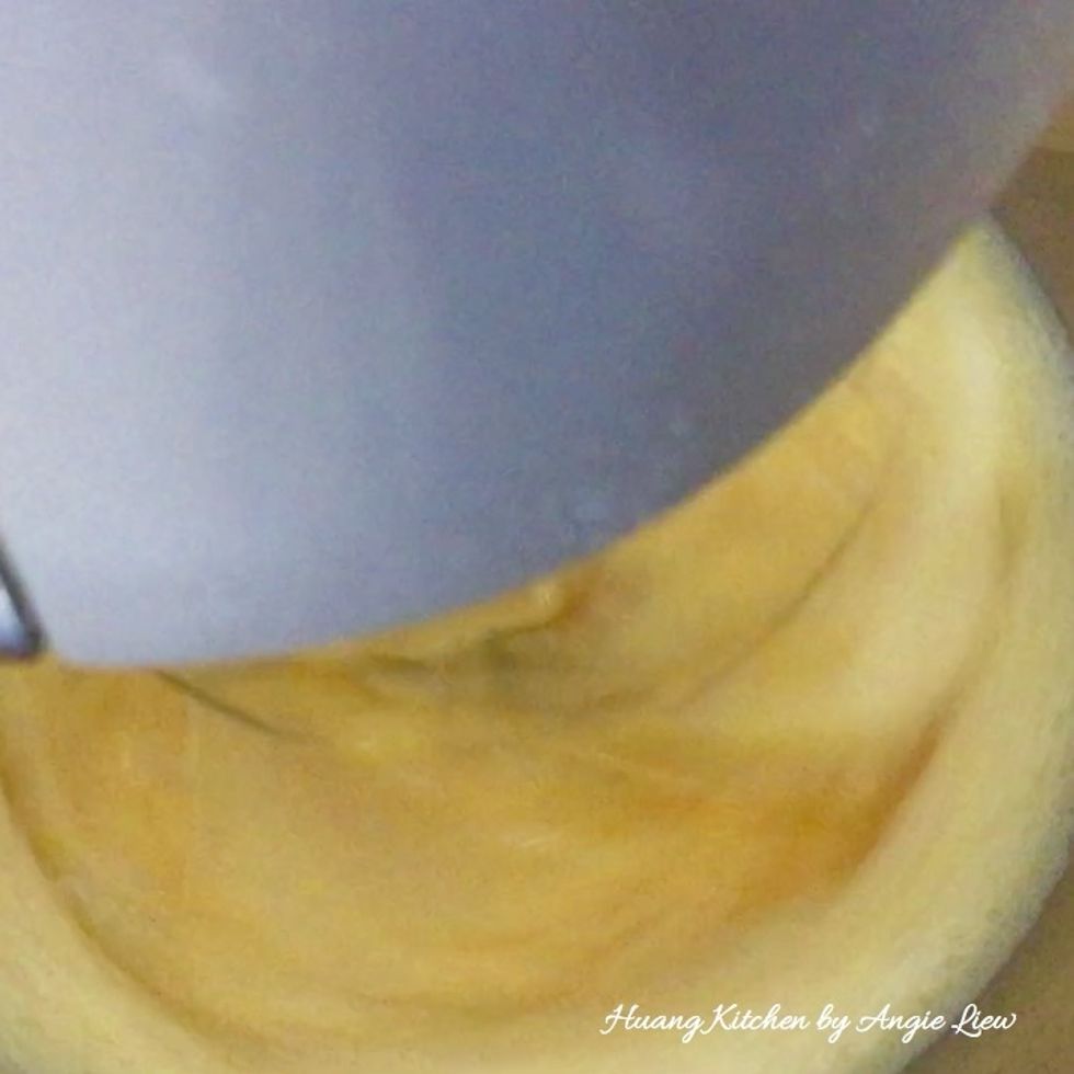 Using high speed, beat eggs for one minute until light and fluffy.