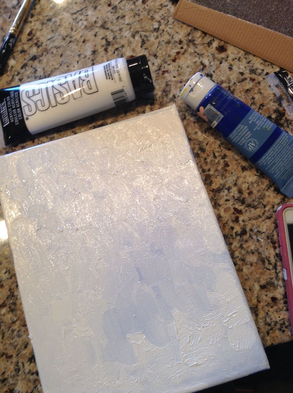 Using lots of white, cover the canvas. Use a large brush. Allow a small amount of one color to mix with the white. Don't overthink it, don't worry about perfection. This is just the background.