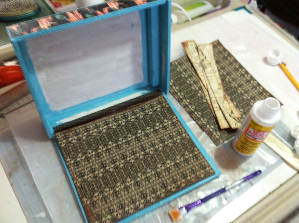 Using Matte Mod Podge, adhere the papers to the box.