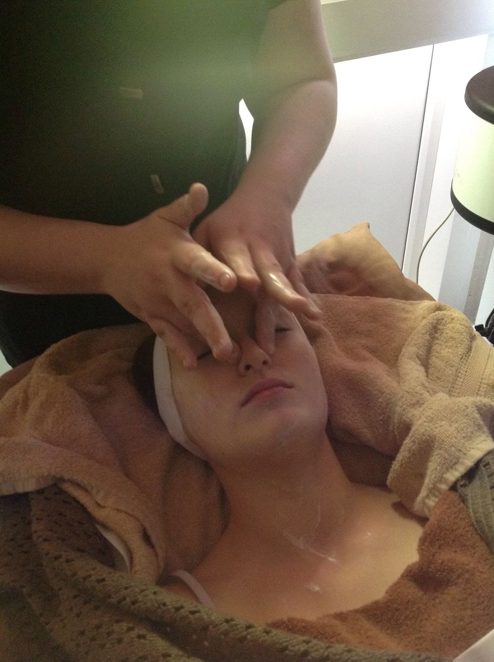 Using ring finger, perform circles up to nostrils and over the nose.