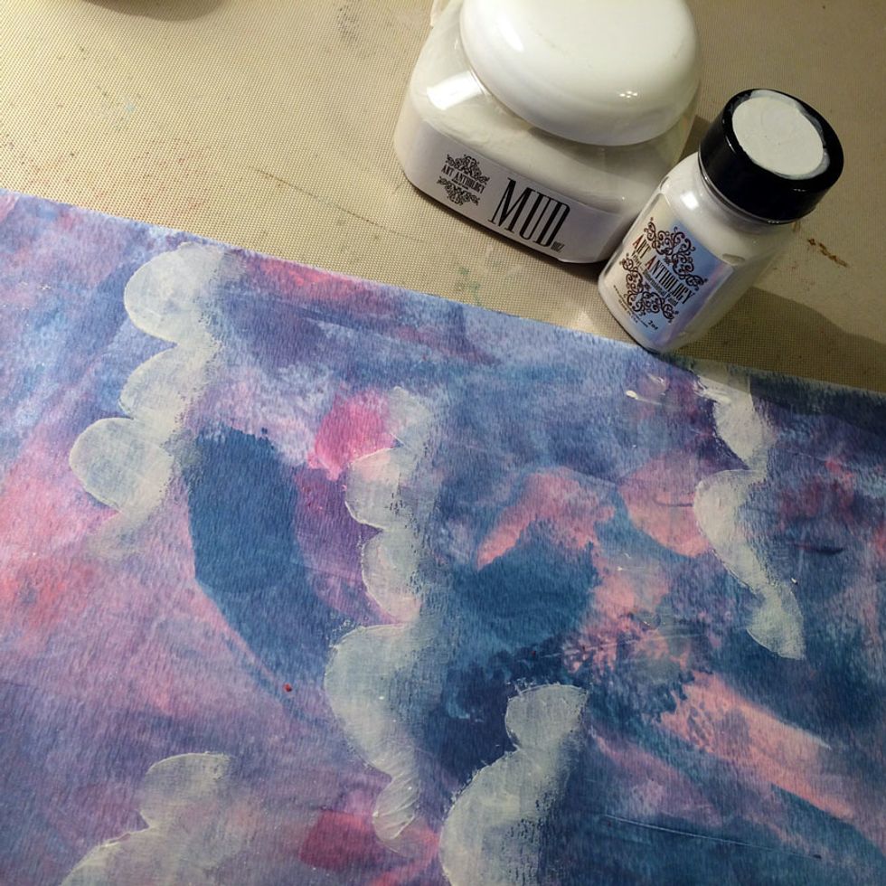 Using the cloud stencil and Cotton Velvet and Mud, I painted on clouds.