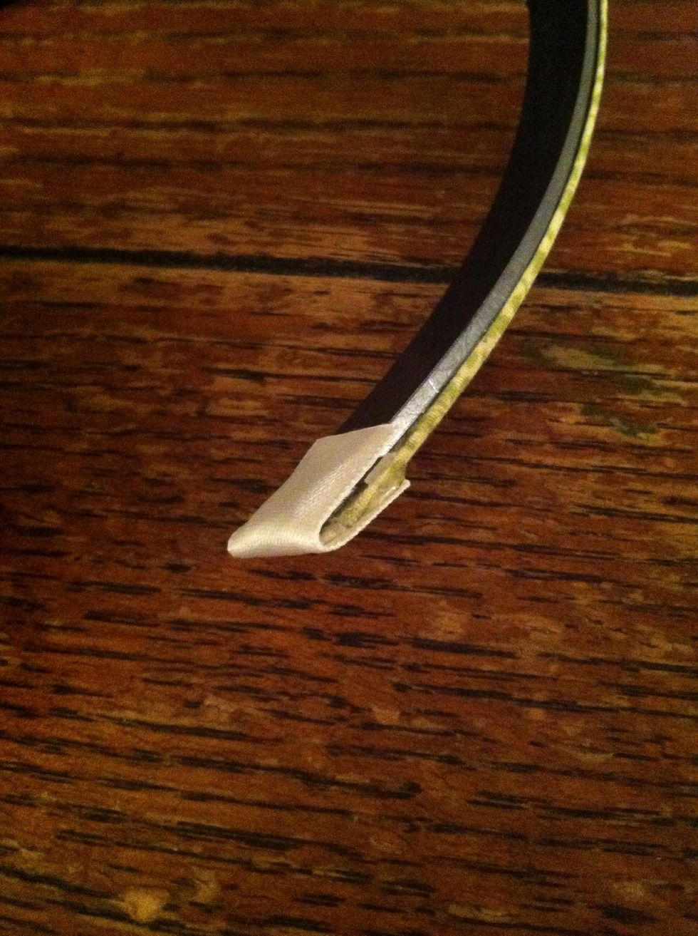 Using the hot glue, secure the small length of ribbon the inside and wrap it around, securing the other end to the front.