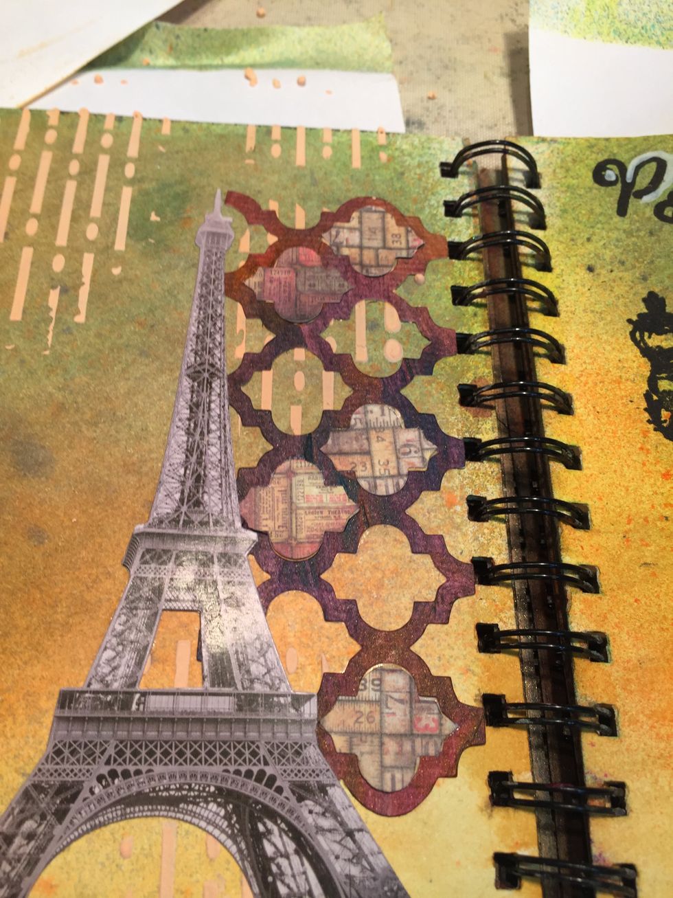 Using the inside pieces of the trellis  you set aside earlier, alternate with the painted Bristol paper and the pieces cut from the Lost and Found paper pad.