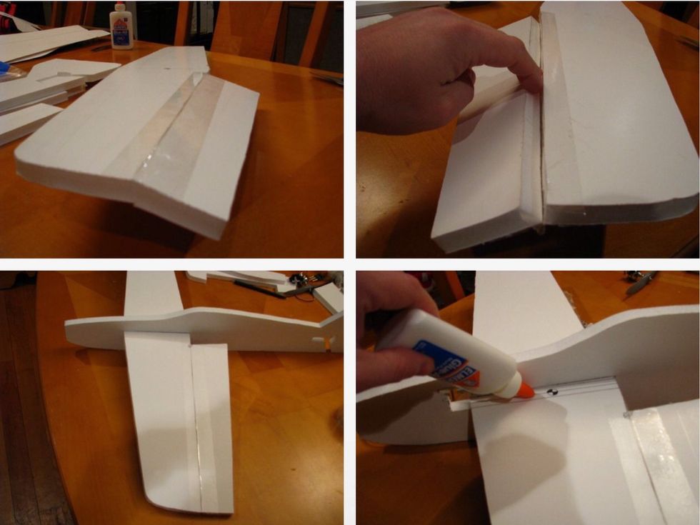 Using the jig saw cut both ailerons at a 30-45 degree angle where the control surface meets the wing. To make the hinge, mate the control surface to the main wing body at the cut angle, apply tape.
