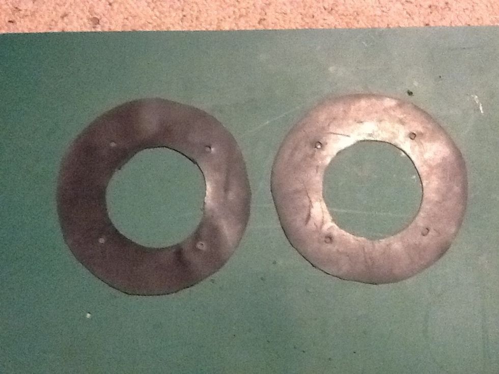 Using the MDF rings as a guide, mark and cutout two rubber rings to the same size. Add bolt holes as well using a drill or scissors. These are your fan seals