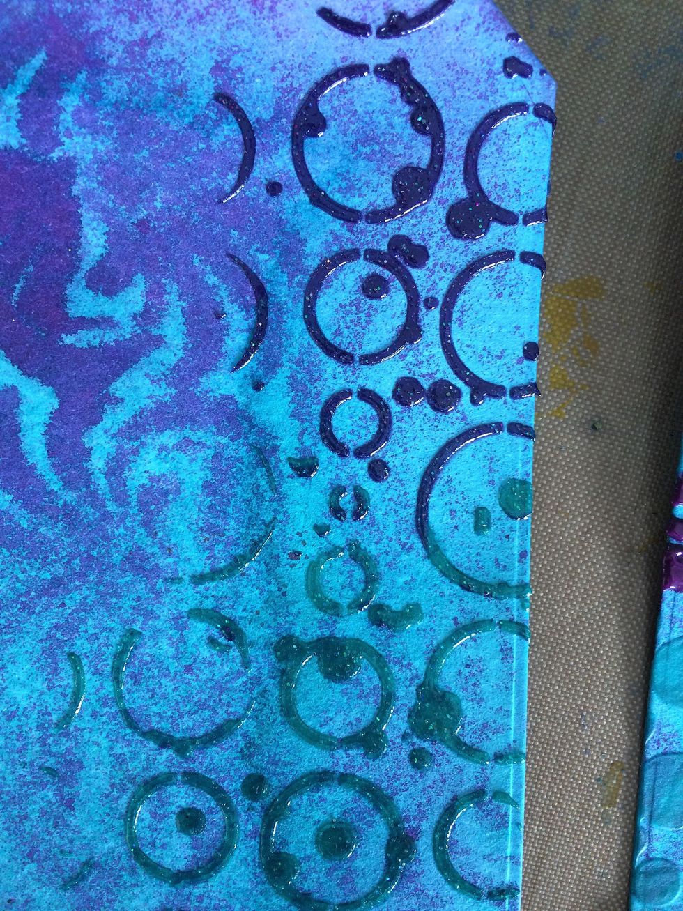 Using the messy bubbles stencil and 2 sorbet colors, I added extra texture to my first tag.