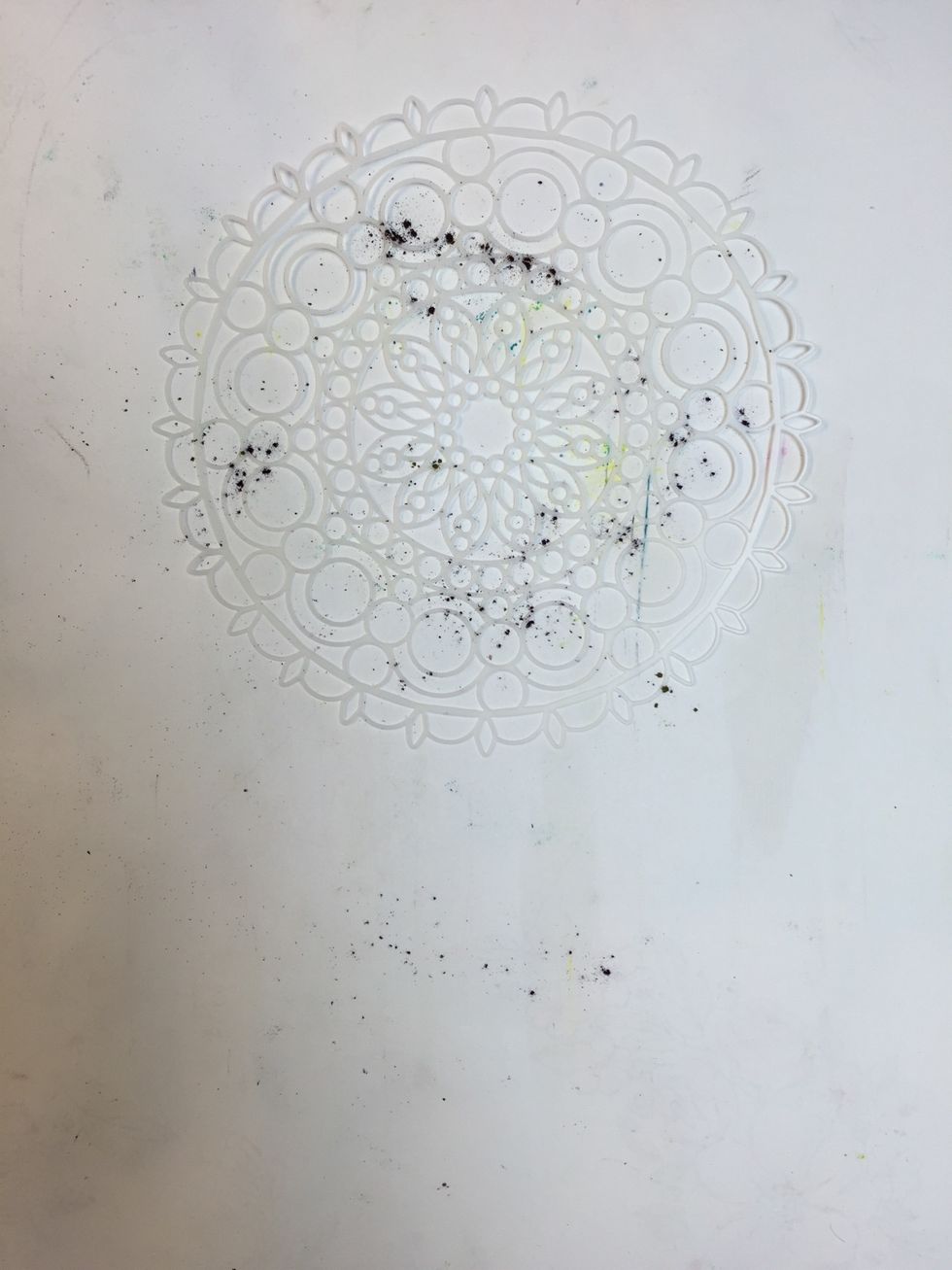 Using the mini infinite lace stencil squeeze Colorburst powders at random. I'm using indigo, ultramarine blue and turquoise