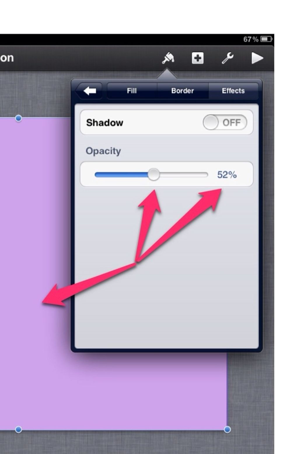 Using the opacity bar change the strength of your chosen colour