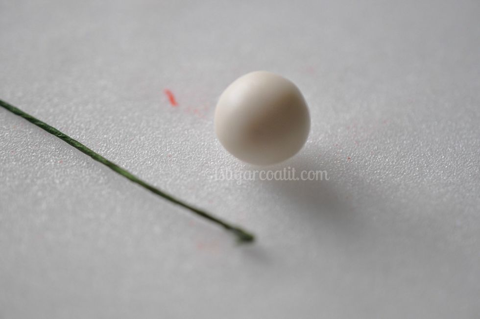 Using the palms of your hands, roll a pea-sized piece of gum paste into the shape of a ball. Cut the 22 gauge wire into thirds.
