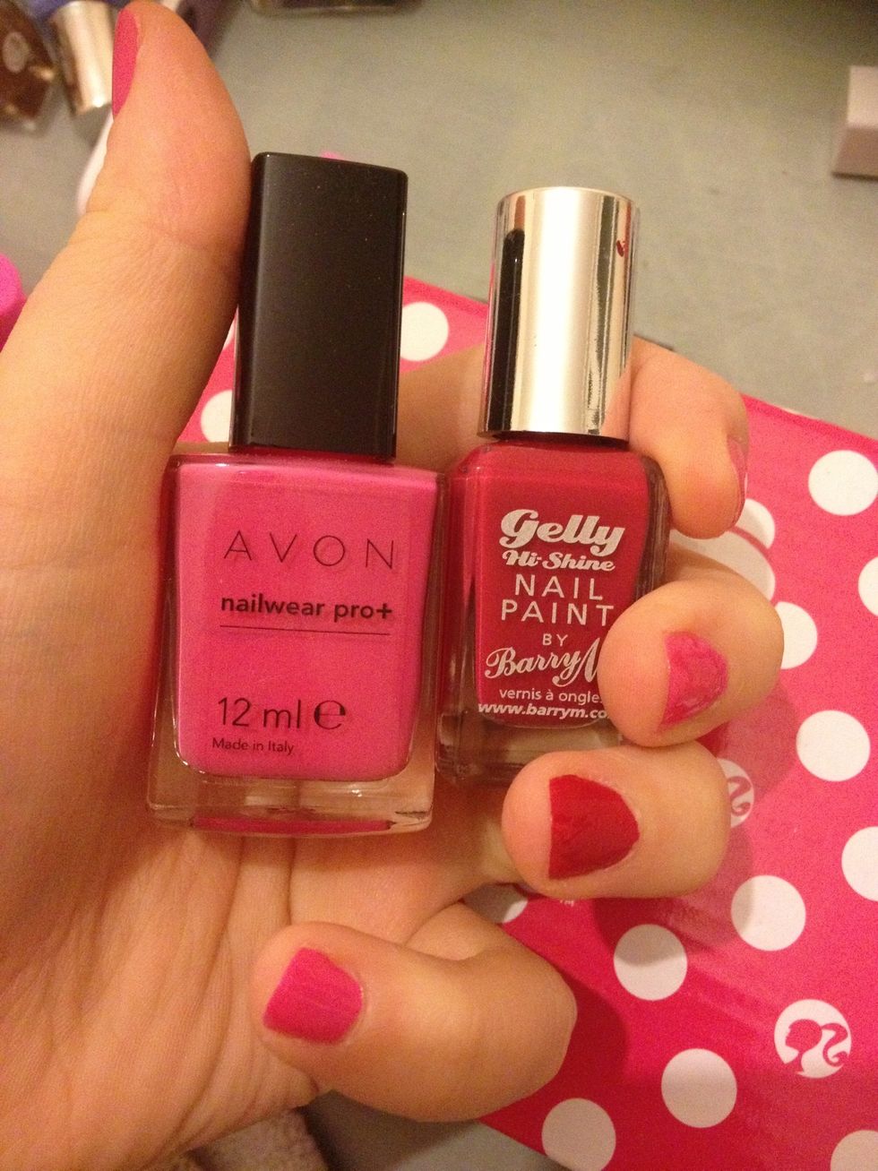 Using the pink nail polishes of your choice... (the lighter one is called viva pink from avon and the darker one is called pomegranate from Barry M's Gelly high shine range)