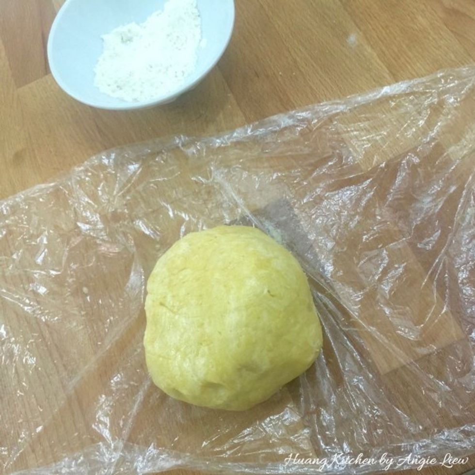 Using the plastic wrap, gather the dough together into a ball. (The less you handle the dough the better).