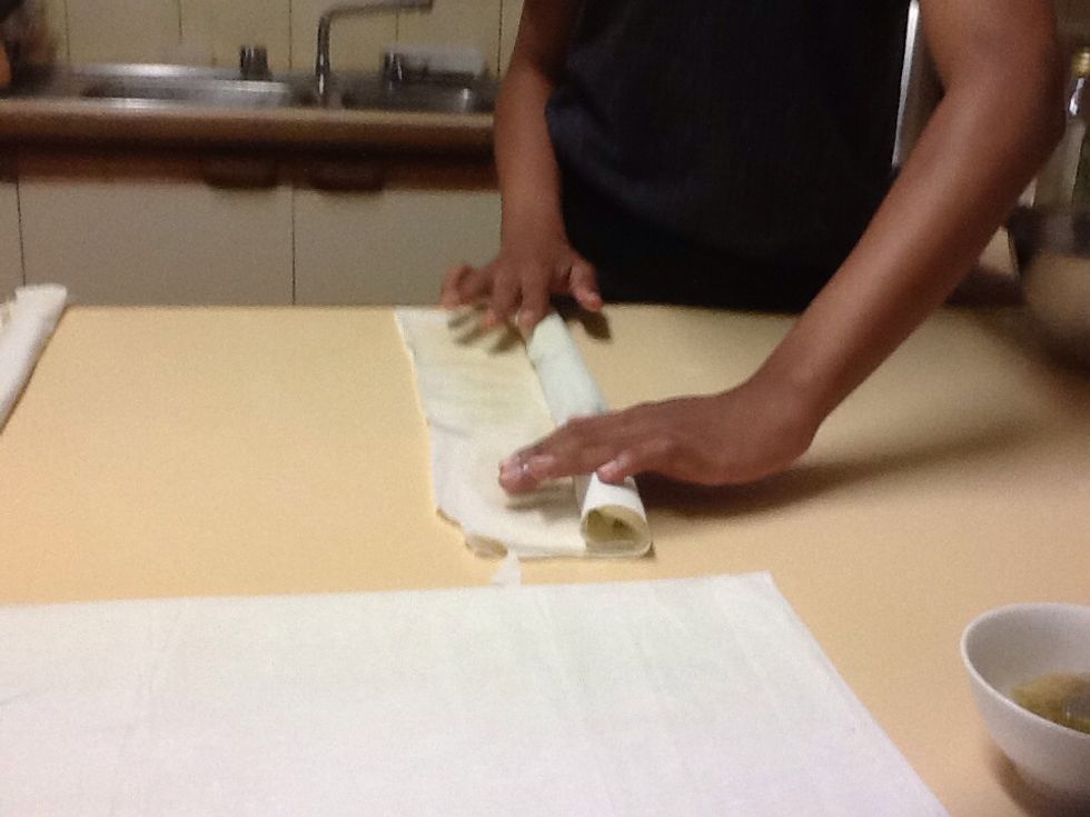 Using the ricotta vegetable mix, spoon a small amount onto the edge of the pastry closest to you. The carefully role it up and cut it into 3-6 pieces whatever suits you. Repeat with remaining supplies