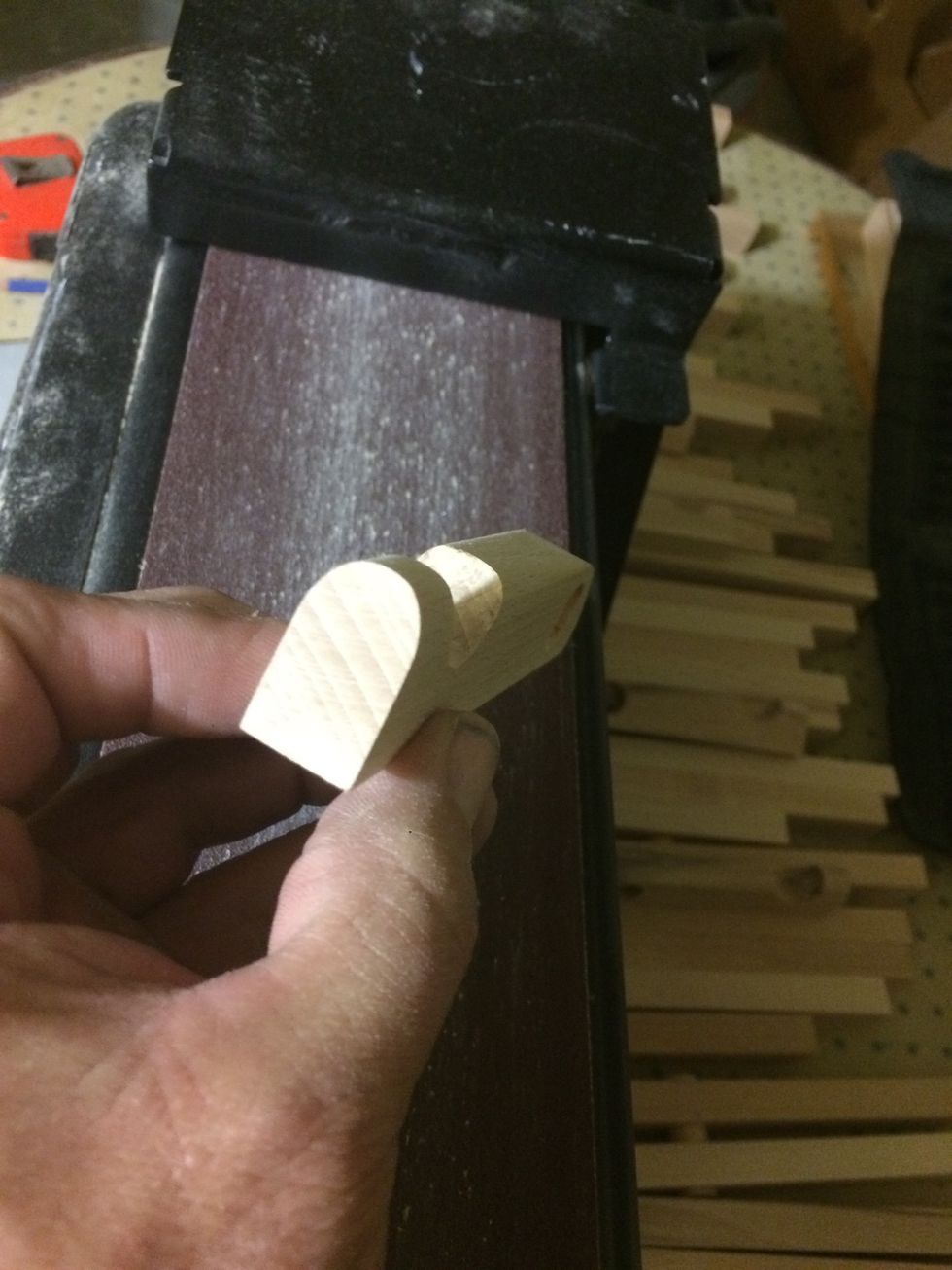 Using the sander I decided to round over the hooks. I only rounded over the inside so the outside will still be the same shape as the other pieces of wood.